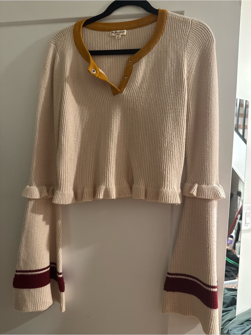 For Love & Lemons Bell Sleeve Sweater with Mustard Trim and Burgundy Stripes